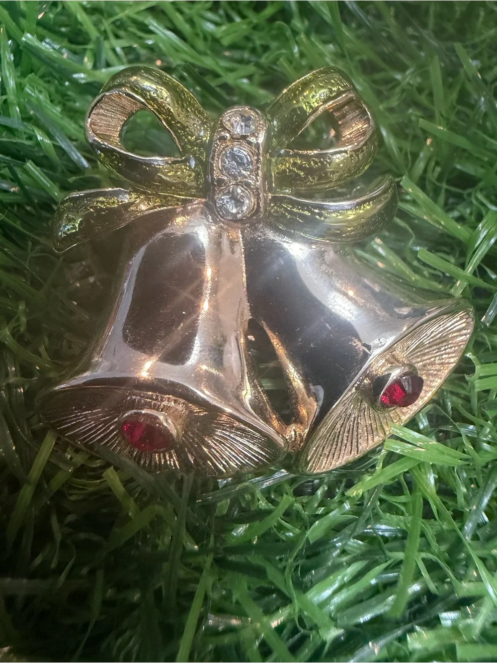 Vintage Gold Tone Double Bell Brooch with Green Bow and Red Accents